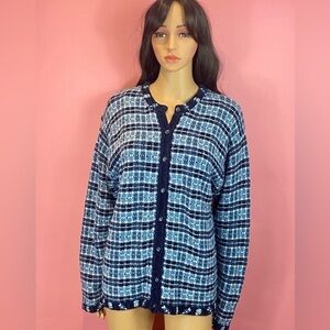 Vintage Northern Treasure knit plaid Cardigan Winter Sweater M navy blue
